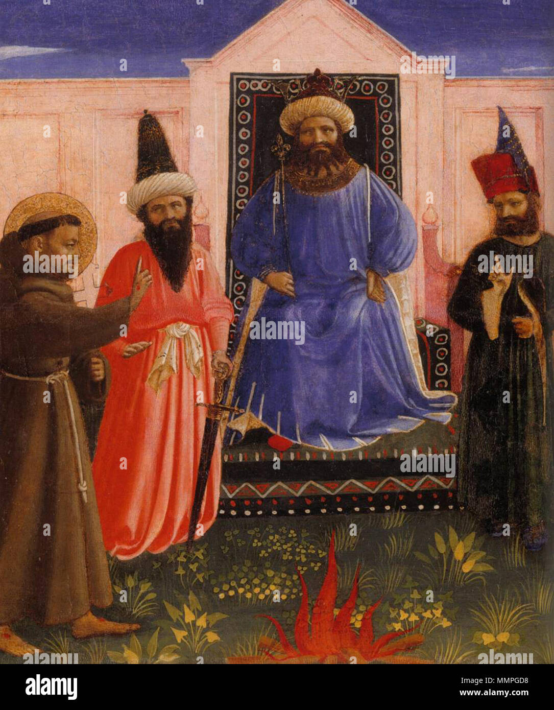 English: Trial by Fire (detail) . circa 1429. Angelico, san francesco fa la pova del fuoco davanti al sultano 2 Stock Photo