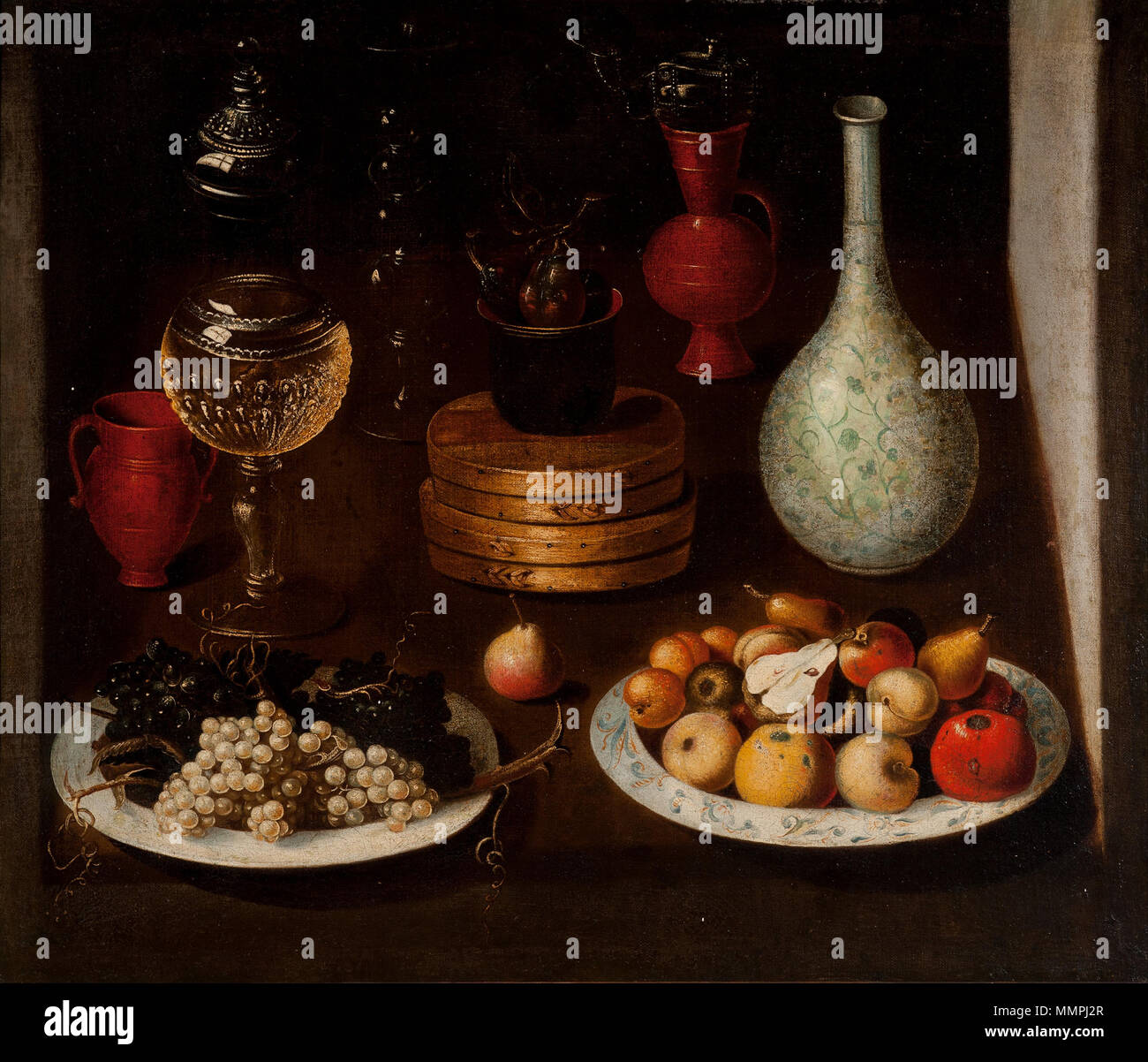 Fruit Bowl with Plates of Grapes and Pears glass and clay Vessels Fruit Bowl with Plates of Grapes and Pears glass and clay Vessels