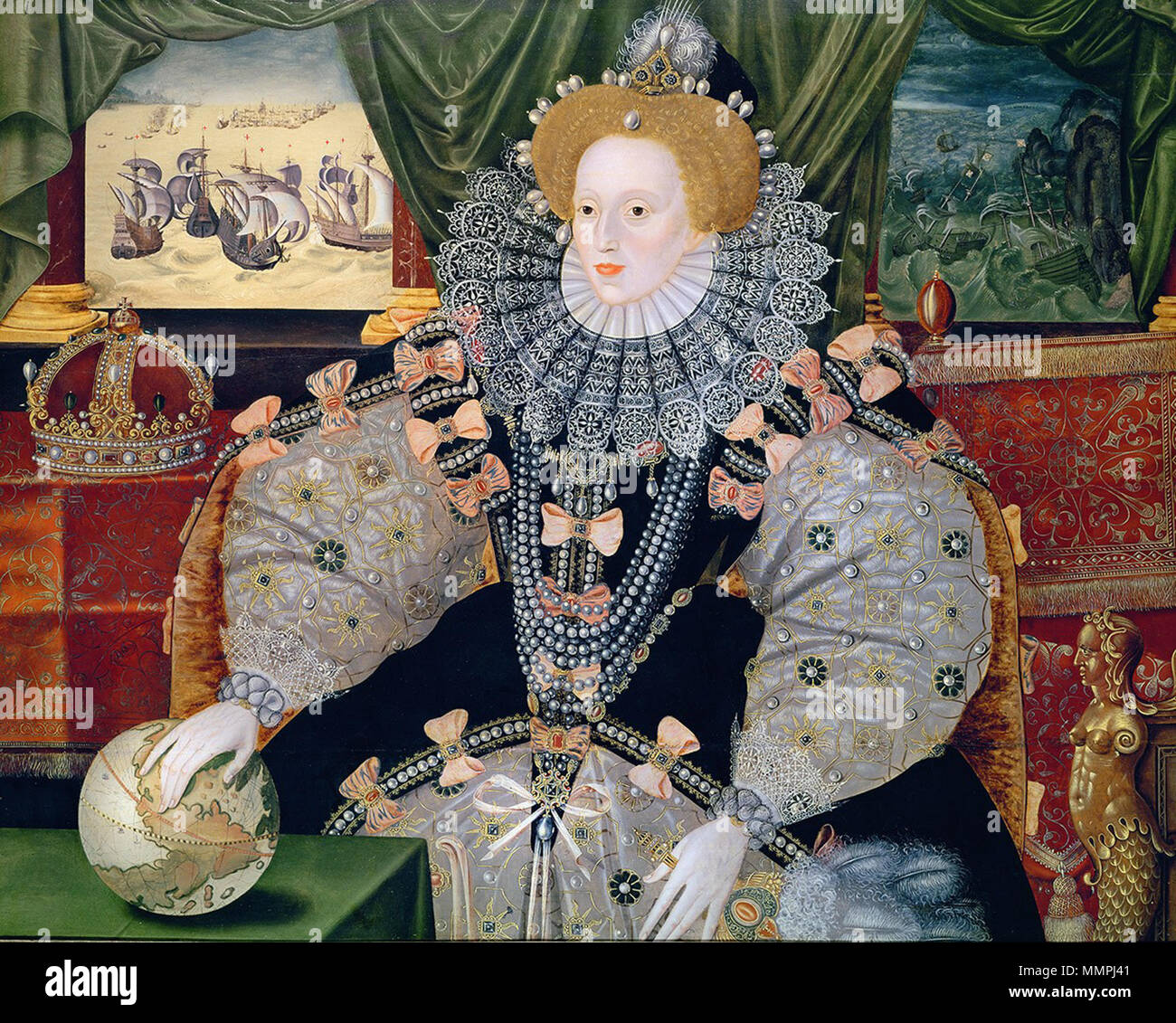 . The portrait was made to commemorate the defeat of the Spanish Armada (depicted in the background). Elizabeth I's international power is reflected by the hand resting on the globe.  Portrait of Elizabeth I of England, the Armada Portrait. circa 1588. Elizabeth I (Armada Portrait) Stock Photo