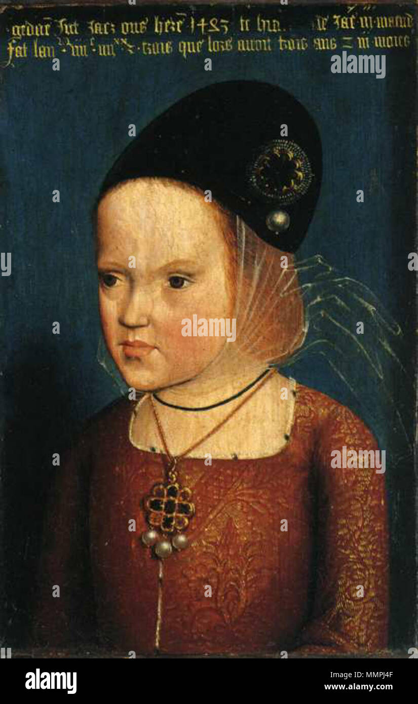 .   Description  The Archduchess Margaret of Austria (1480-1530) was a Habsburg princess, the daughter of Maximilian I, Holy Roman Emperor and Mary of Burgundy. Archduchess Margaret as finance of King Charles VIII. of France, 15th century, Margarete von Österreich als Braut des französischen Thronfolgers This painting is believed to be the right part of a dyptic with her brother Philip The Fair of Austria (The Philadelphia Museum of Art) . In 1483, she was betrothed to the Dauphin of France, later King Charles VIII of France, bringing with her a dowry of Franche-Comté and Artois, and was trans Stock Photo