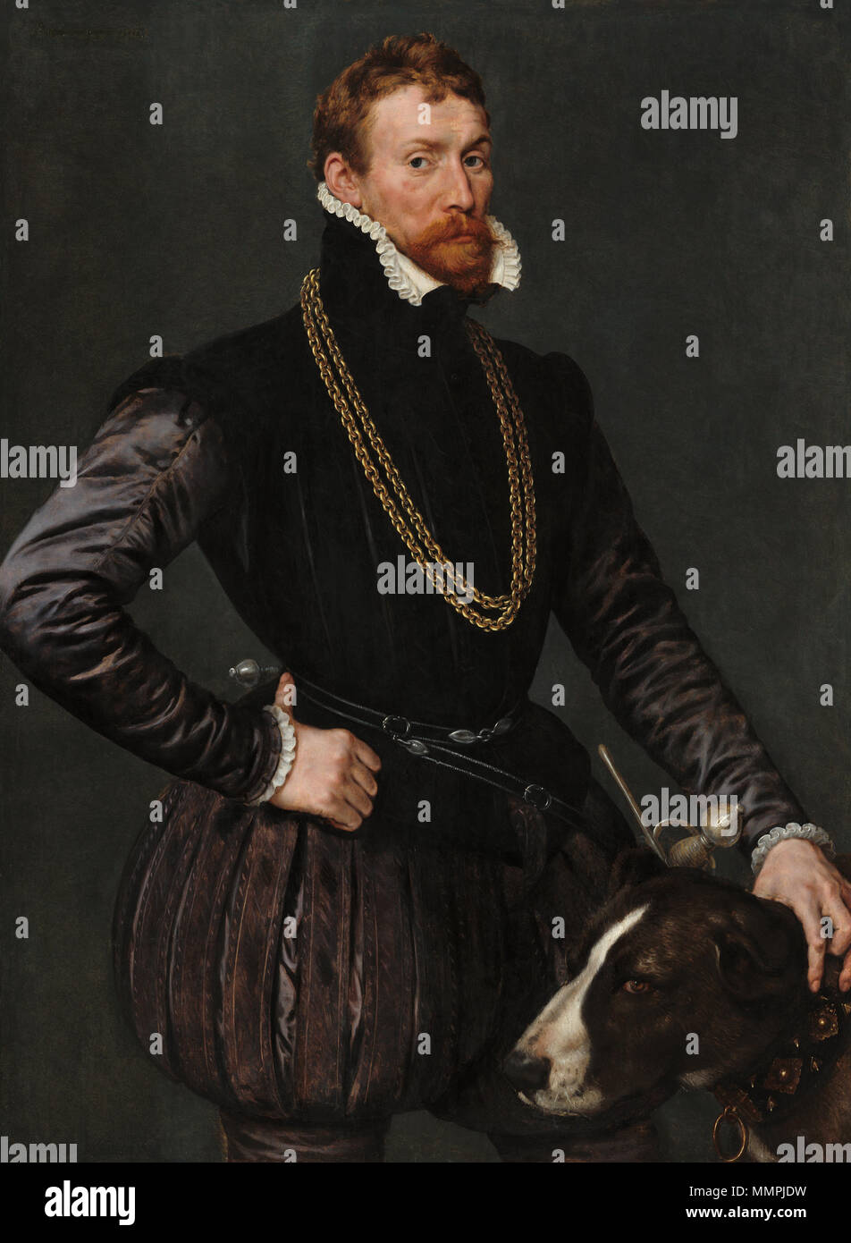 .  English: Portrait of a Gentleman with a hunting dog.  Painting; oil on canvas; overall: 119.7 x 88.3 cm (47 1/8 x 34 3/4 in.); Anthonis Mor Portrait of a Gentleman Stock Photo