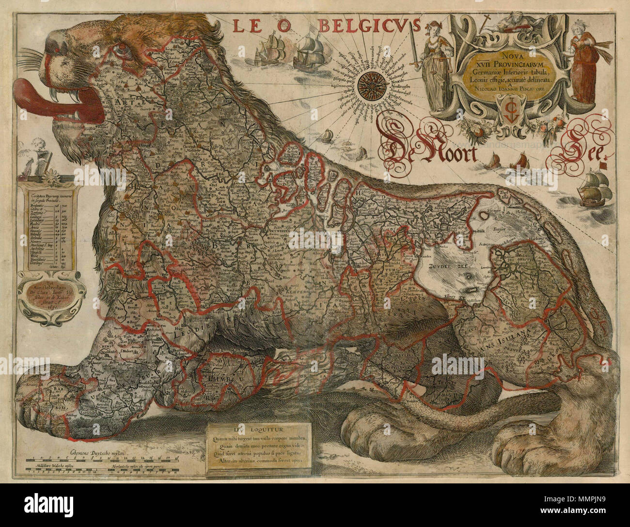 . English: Antique map of Leo Belgicus by Visscher C.J. - Gerritsz 1630.jpg  . 1630. Visscher C.J. - Gerritsz Antique map of Leo Belgicus by Visscher C.J. - Gerritsz 1630 Stock Photo