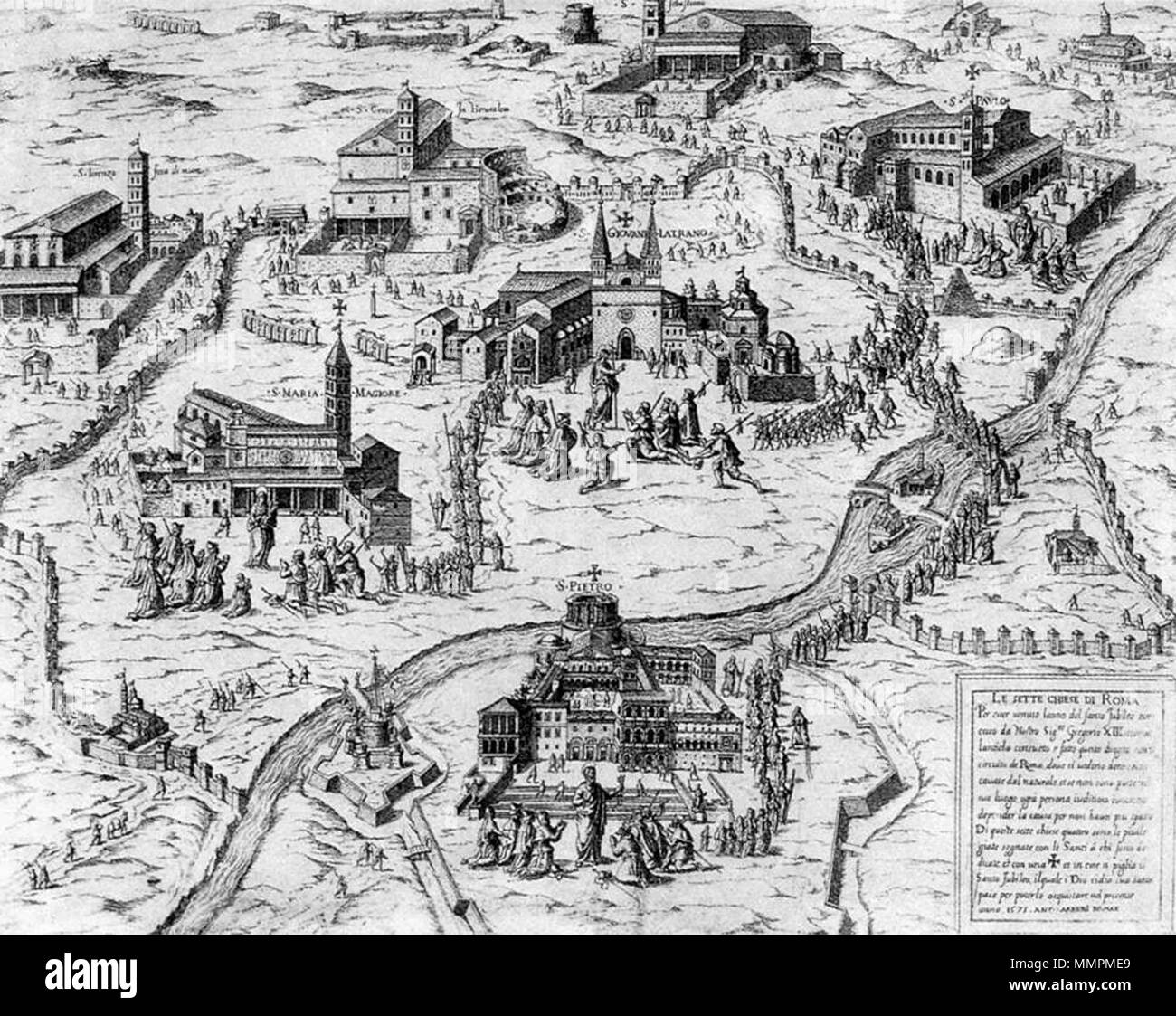 English: Pilgrims visiting the Seven Churches of Rome during the Holy Year of 1575 . circa 1575. Antonio Lafreri - Pilgrims visiting the Seven Churches of ...