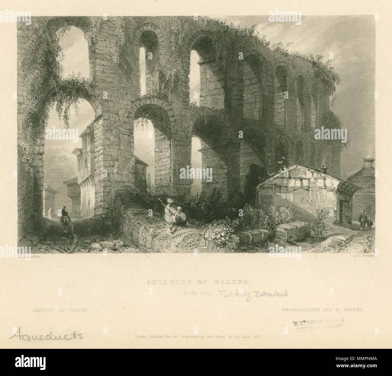 . English: Aqueduct of Valens. Türkçe: Bozdoğan Kemeri.  . 1839.  Creator: Bartlett, W. H. (William Henry), 1809-1854 -- Artist Additional Name(s): Bentley, Joseph Clayton, 1809-1851 -- Engraver Aqueduct of Valens Stock Photo