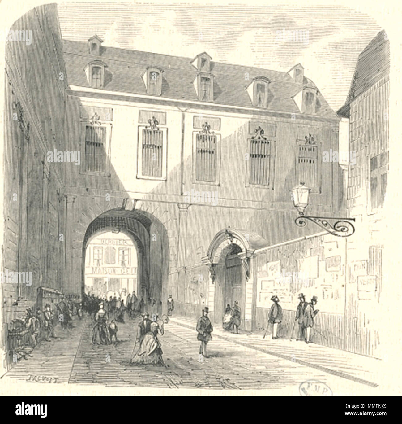 . English: Wood engraving of the Arcade Colbert, published in L'Illustration, journal universel, just before the beginning of demolition. Arcade Colbert Paris Stock Photo