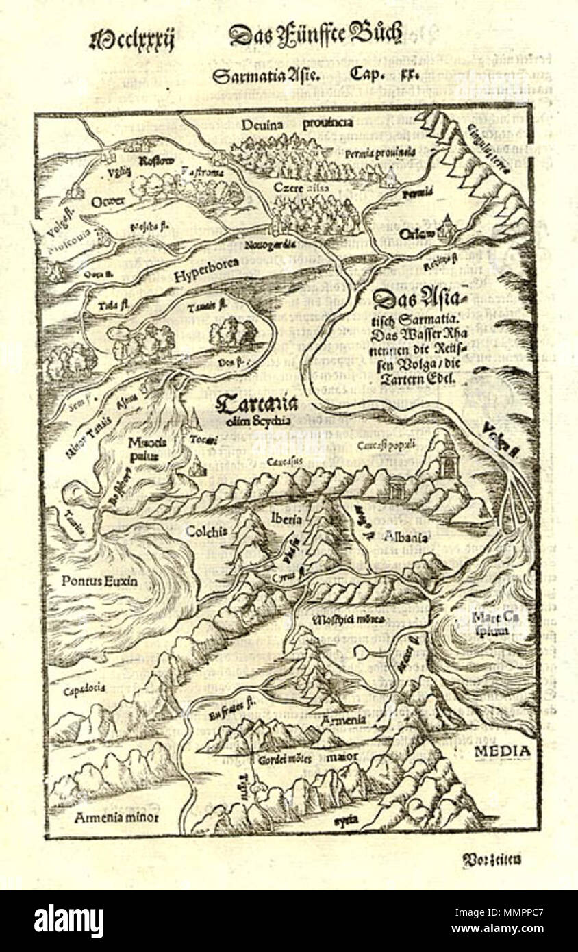 . English: Ptolemy's 3rd Asian Map, showing Armenia Major, Colchis, Iberia, and Albania. Detailed map of the region from the Volga and the Caspian to the Black Sea, extending North of the Caucus Mountains to Deuina and Uglitz. Also shows the Don and the Euphrates. Munster's Cosmography was one of the most influential geographical works of the 16th Century. It was published in a number of editions over a half century and was continuously revised and updated to include new illustrations and updated information.  . 1579.   Sebastian Münster  (1488–1552)      Alternative names Sebastian M. Münster Stock Photo