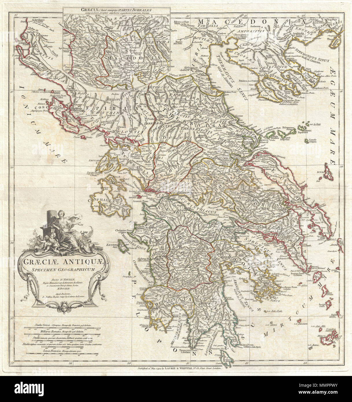 Euboea Ancient Greece Map English: A Large And Dramatic J. B. B. D'anville Map Of Ancient Greece.  Covers From Macedonia To The Peloponnesus, Inclusive Of Euboea And The  Ionian Isles. Details Mountains, Rivers, Cities, Roadways,