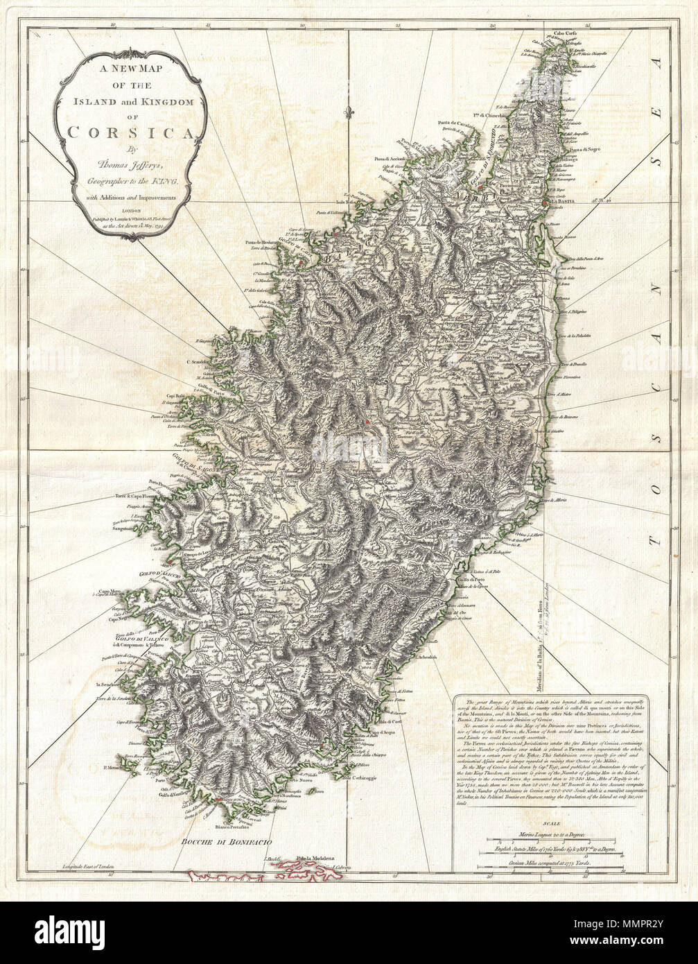 .  English: An extraordinary 1794 map of the Island and Kingdom of Corsica. Covers the entire island in extraordinary detail offering both topographical and political information. With its unique blend of dramatic mountains and stunning pristine beaches, Corsica is considered to be one of the world's most beautiful places. A note in the lower right hand quadrant discusses the geography and population of the island. Prepared by Thomas Jefferys and published by Laurie & Whittle in Kitchin's 1794 General Atlas .  A New Map of the Island and Kingdom of Corsica.. 1794 (dated). 1794 Jeffreys Map of  Stock Photo