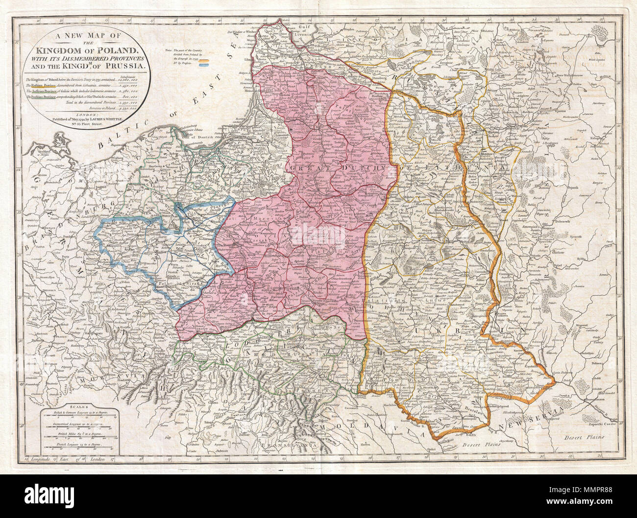 .  English: This important 1794 map by Thomas Kitchin depicts the Kingdom of Poland during the brief transitional period between the second and third partitions. Covers from Brandenburg to Russia and from the Gulf of Livonia to Moldova and Hungary, including all of Poland and the Grand Duchy of Lithuania, parts of Prussia, Russia, Livonia, Hungary, Germany and Austria. This map depicts Poland in 1794, immediately following the Second Partition of Poland in 1793. By the mid 18th century Poland, due to an inefficient and corrupt internal bureaucracy, had lost much of its autonomy to its aggressi Stock Photo