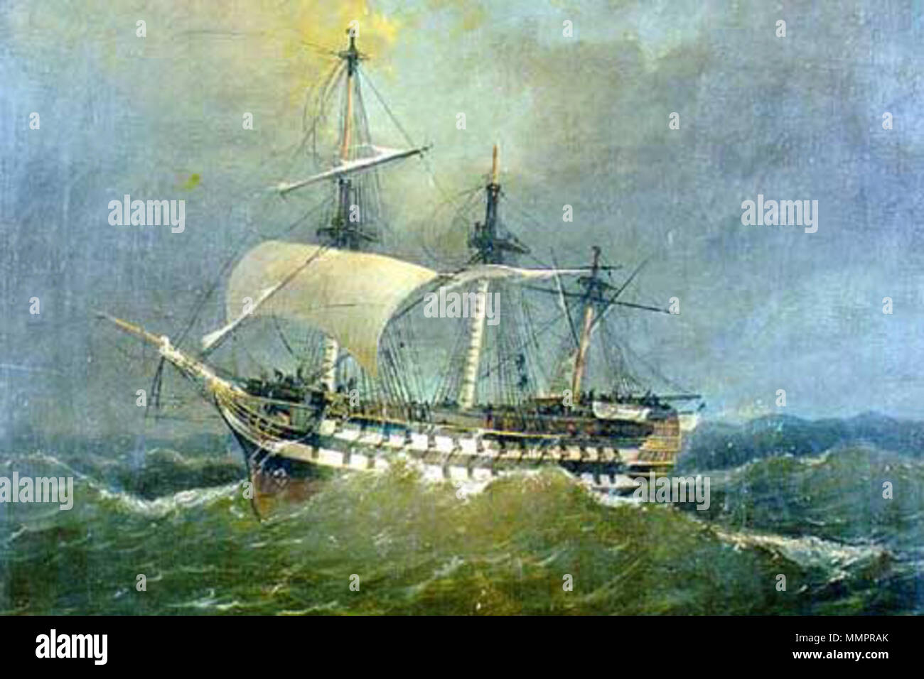 . Español: Oleo obra de de Angel Cortellini Sánchez consevado en el Museo Naval de Madrid, (España). El navío español Asia, de 74 cañones, al mando de Roque Guruceta, sufrió un temporal mientras navegaba desde San Carlos, isla de Chiloé, a El Callao de Lima (Perú) en agosto de 1824. . Angel Cortellini Sánchez (1858- 1912) Asia max Stock Photo