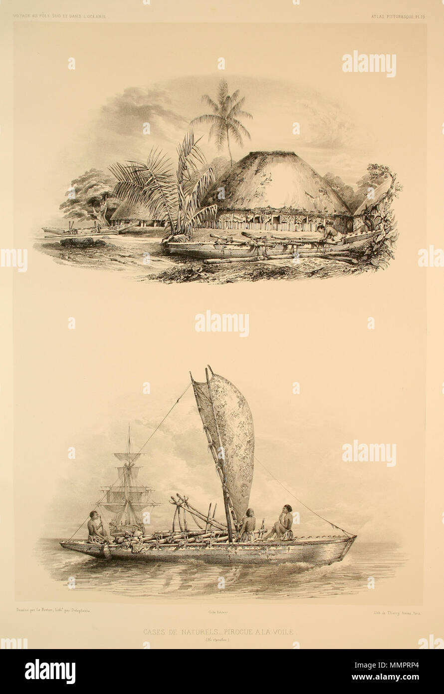 Cases de naturels, pirogues à la voile. Atlas pittoresque, planche 73 .  1846. Louis Le Breton (1818–1866) Alternative names Louis Lebreton  Description French engraver, lithographer and painter Date of birth/death  1818