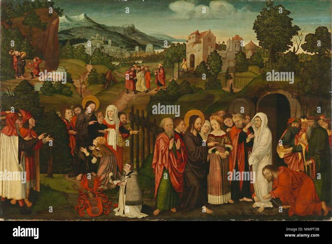 . the painting shows the story of the raising of Lazarus (John 11:1–45) in several scenes  Auferweckung des Lazarus English: The Raising of Lazarus . circa 1530/1540. Auferweckung Lazarus Stock Photo