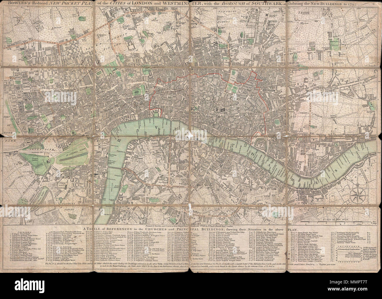 .  English: This is a rare 1795 folding pocket map or street plan of London, England by Carrington Bowles. Covers London on both sides of the Thames River from Hyde Park in the west to White Horse Street in the East and from Lambeth in the south to Islington in the North. Offers superb detail throughout often noting individual buildings, gardens, and estates. Table along the bottom notes principle buildings and churches. Bowles first issued this plan in 1777 and updated it regularly to the end of the 18th century. This edition of the map was issued shortly after Bowles's death by his firm, Bow Stock Photo