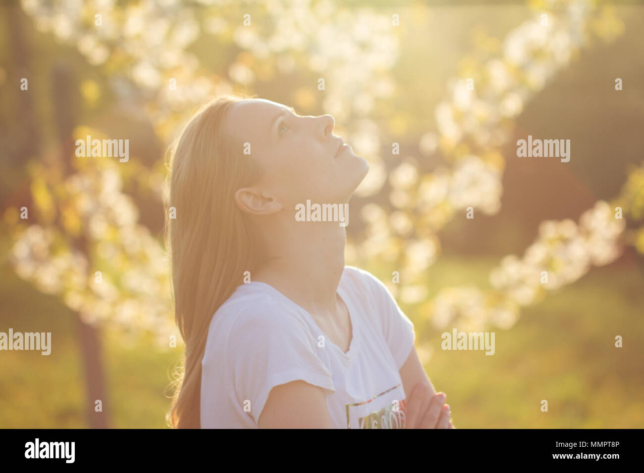 cheerful young attractive woman in spring garden backlit by sunset sun Stock Photo