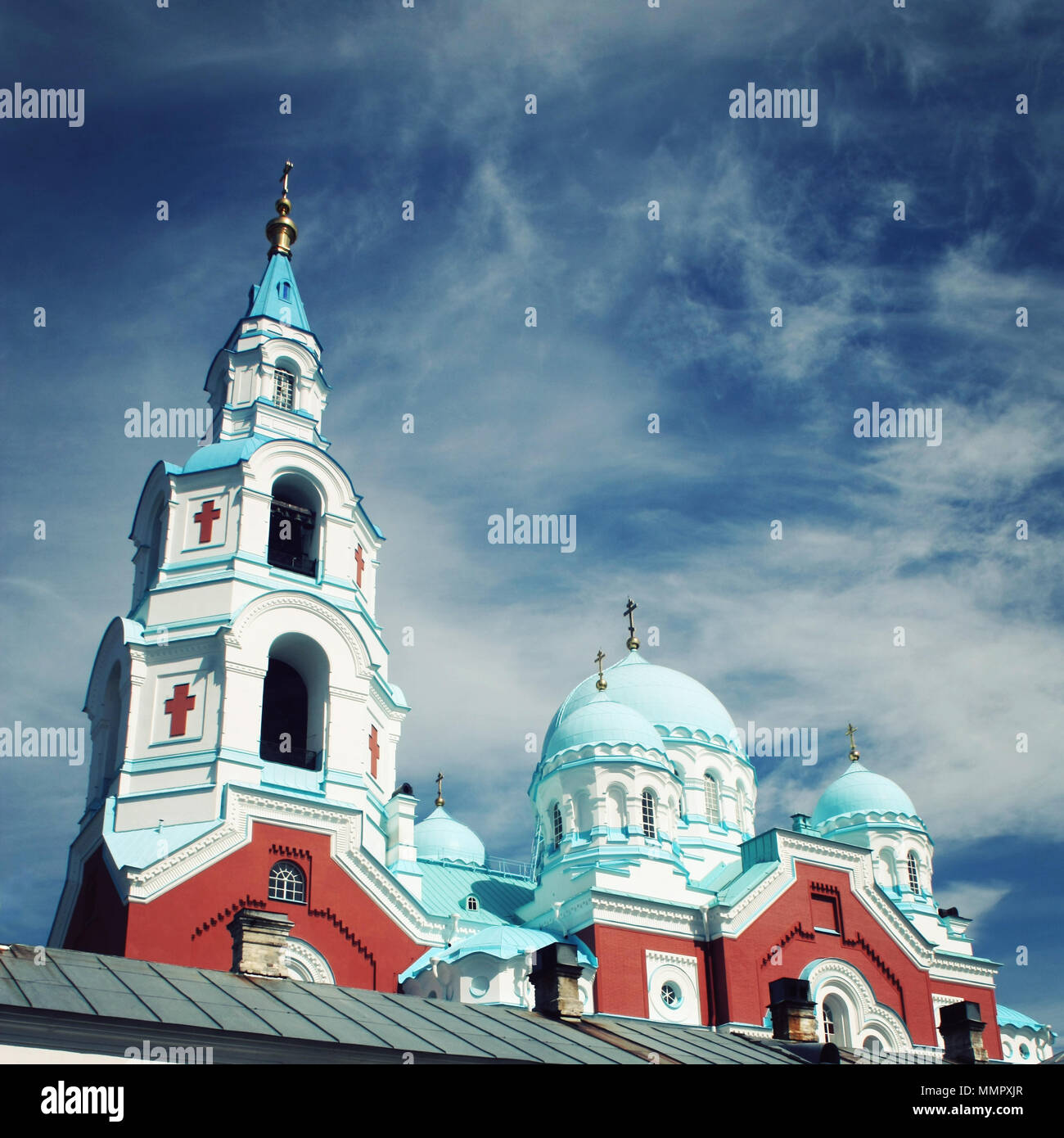 Spaso-Preobrazhensky Cathedral of Valaam Monastery. View from below. Sunny summer day. Aged photo.  Island of Valaam, Republic of Karelya, Russia. Stock Photo