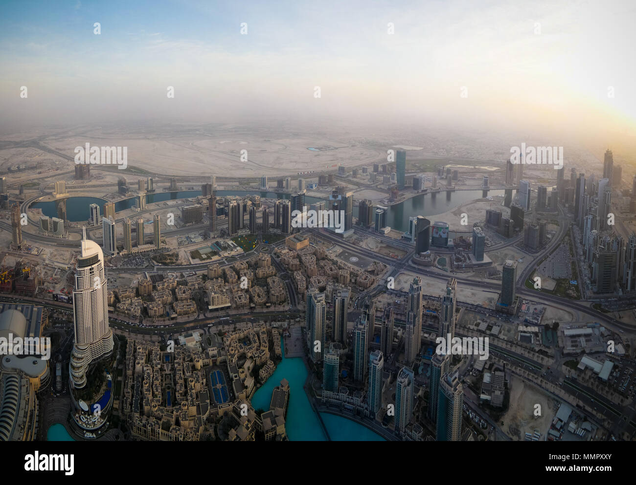 Panorama sunset view to Dubai skyscrapers - 10-01-2015 Dubai UAE Stock Photo