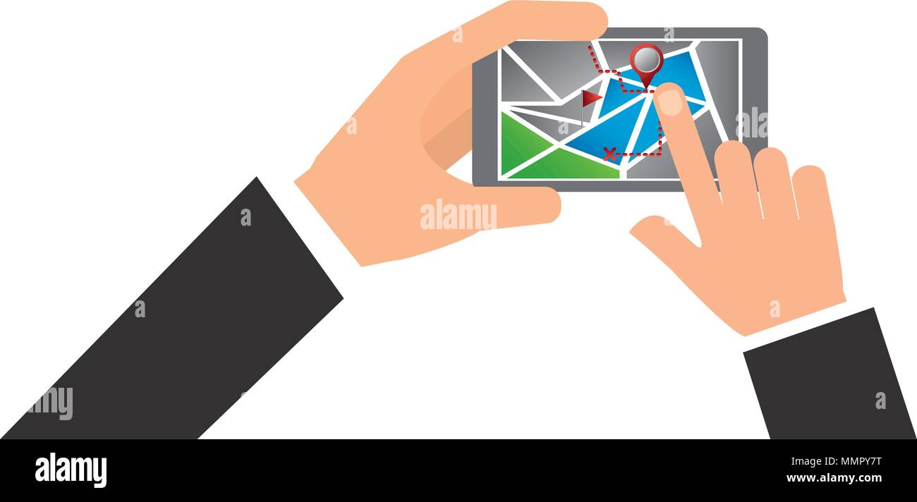 hand holding smartphone and touching screen with mobile map gps ...