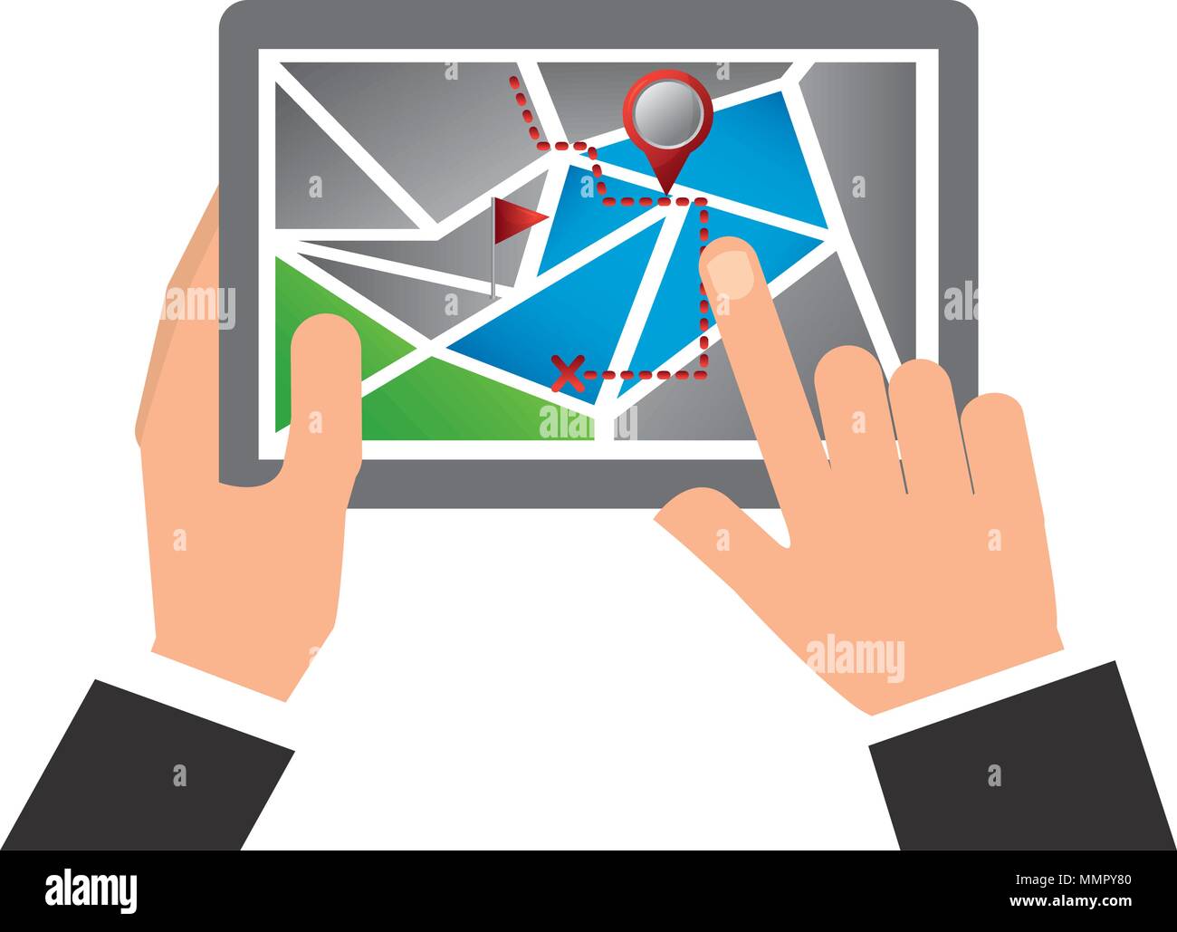 hands holding a tablet with mobile gps navigation touch screen map ...