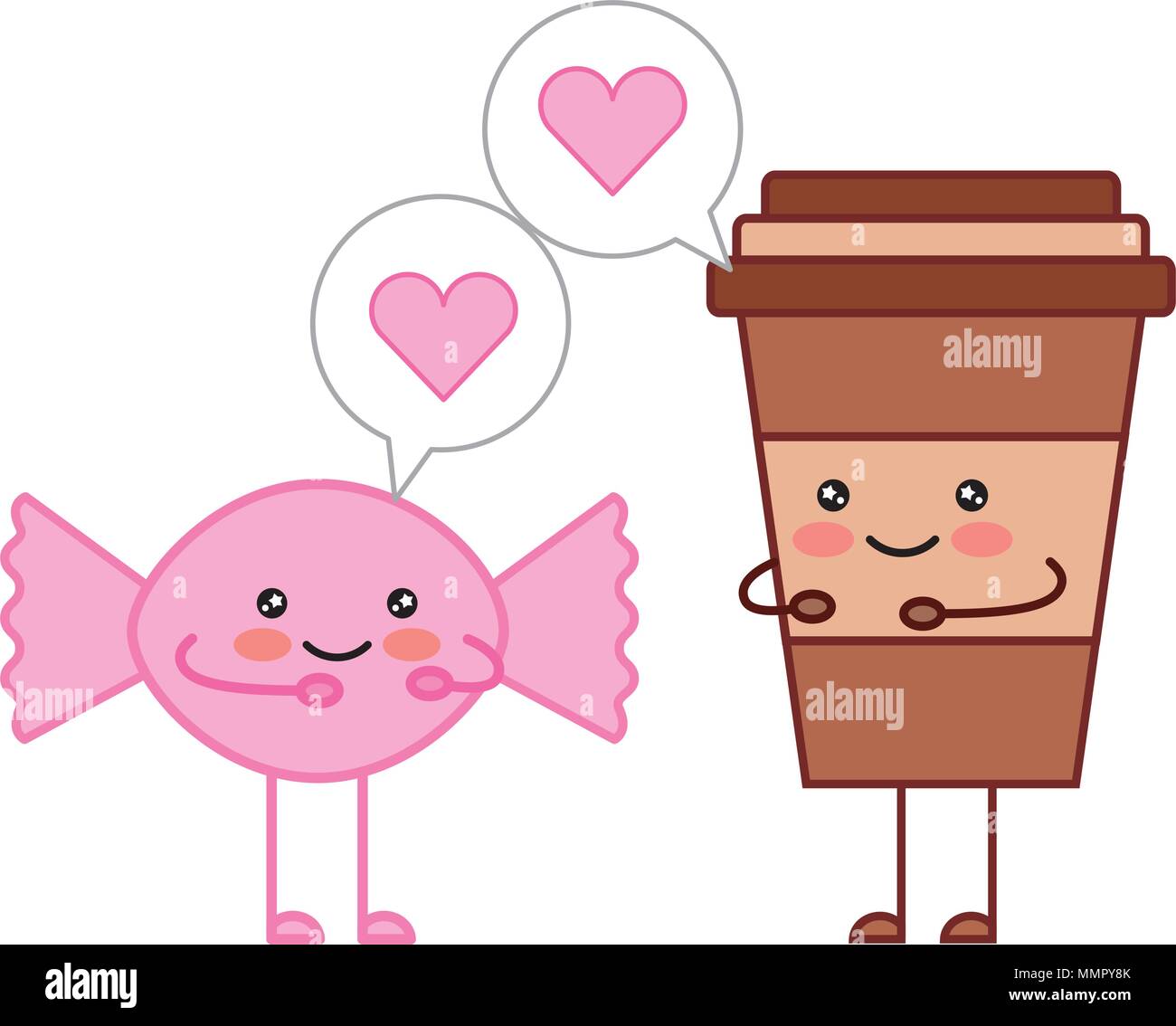 kawaii coffee cup and candy talking cartoon vector illustration Stock