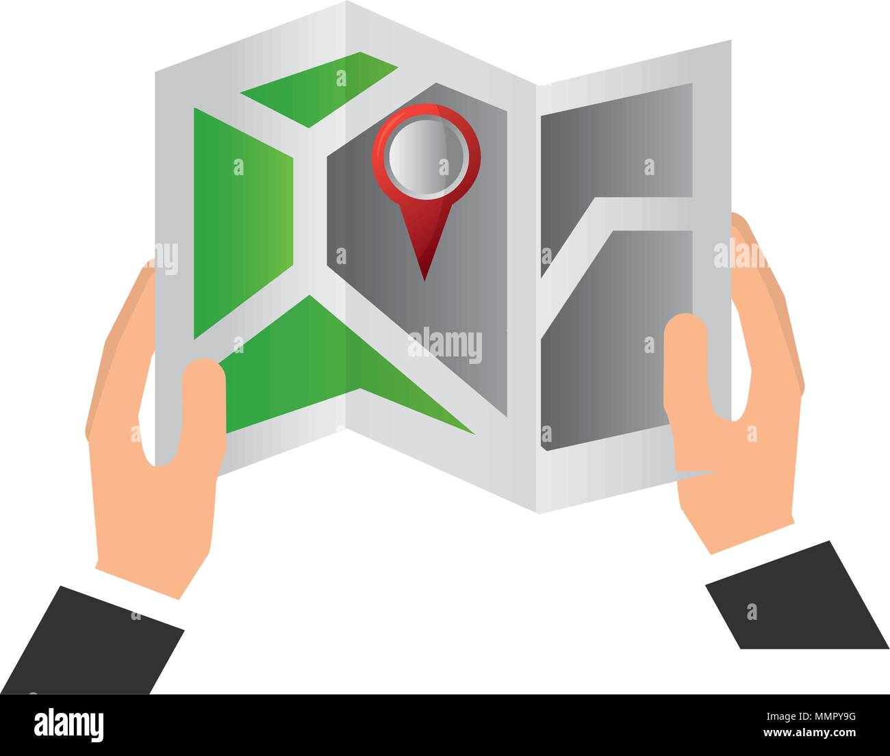 hand holds gps navigation folded map pin vector illustration Stock ...