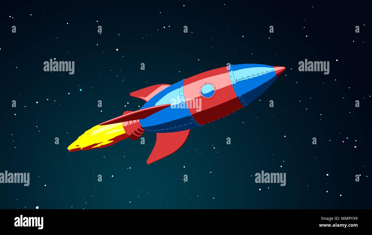 Cartoon rocket flying in the space. 3D illustration Stock Photo