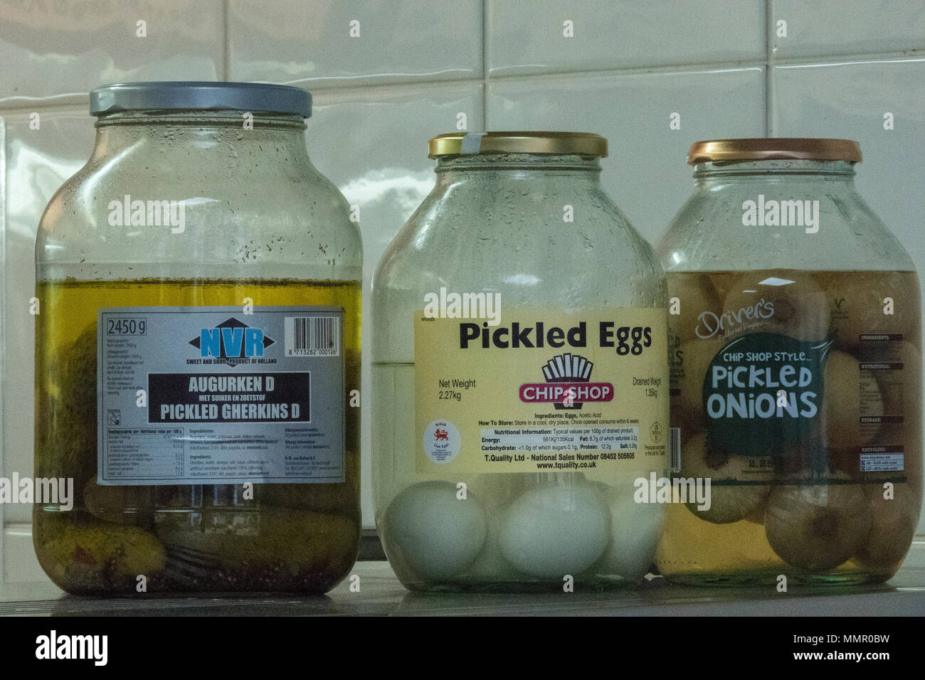 fish and chip shop pickled eggs, pickled onions and pickled gherkins
