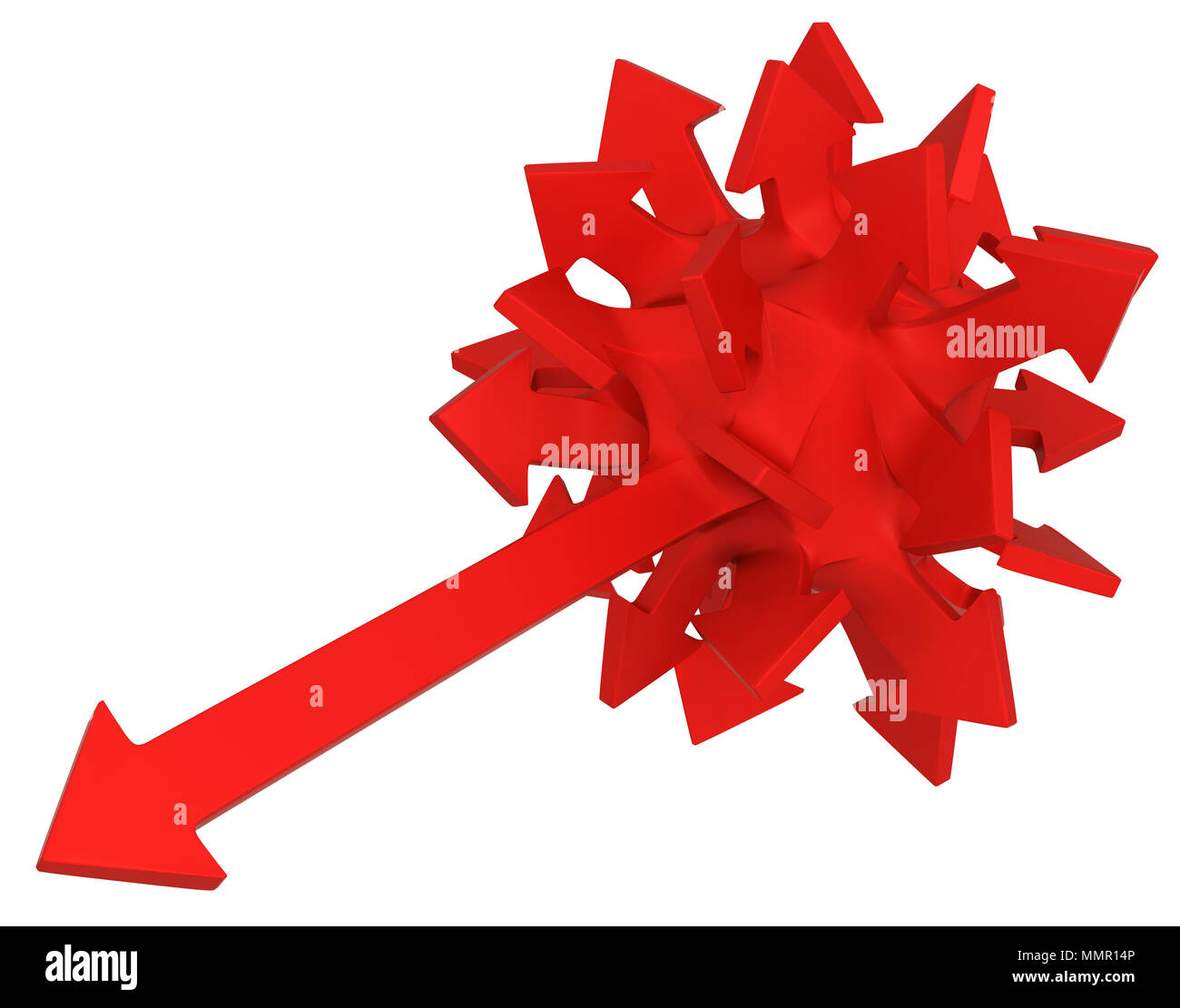 Red symbolic arrows sphere one extended, 3d illustration, horizontal, over white Stock Photo