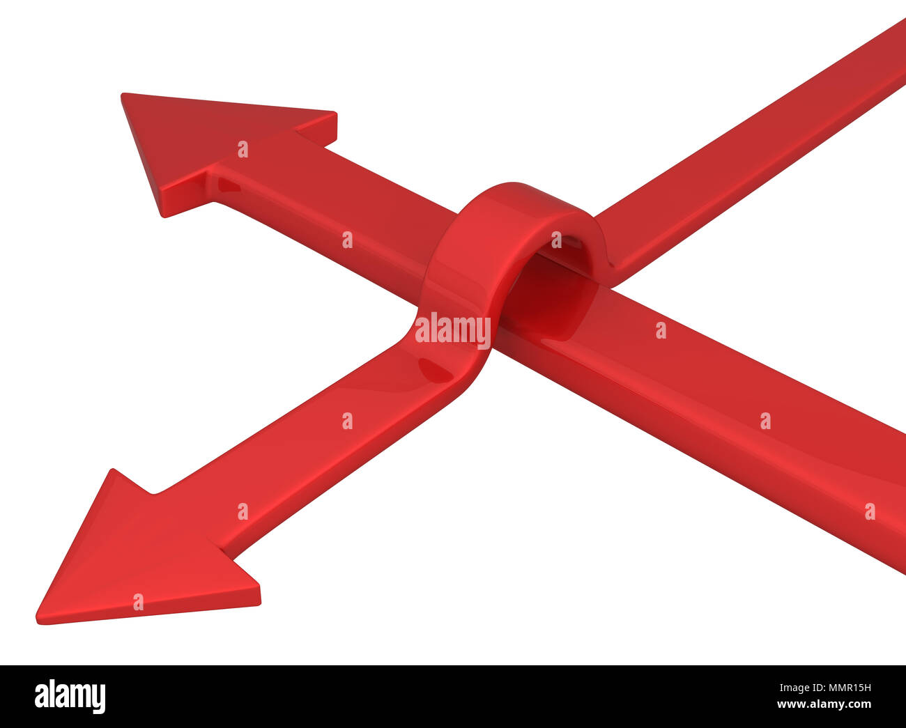 Jump over red arrow symbol 3d, over white, isolated, horizontal Stock Photo