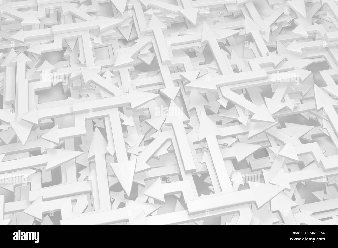 Arrows white chaotic mix, 3d illustration, horizontal Stock Photo