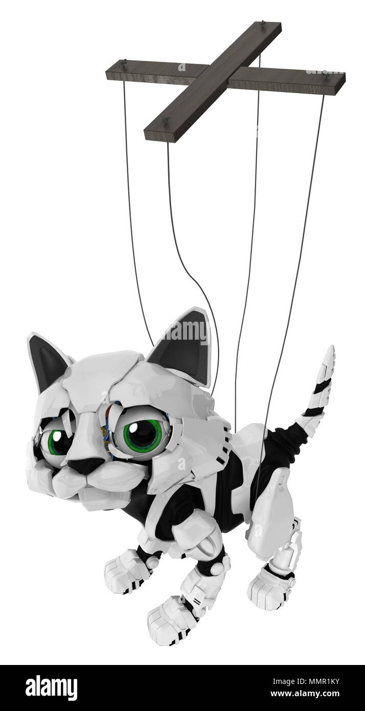 Robotic kitten with puppet control strings cross, 3d illustration, vertical, isolated Stock Photo