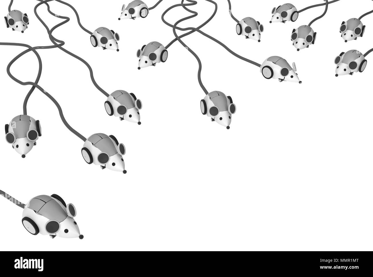 Robotic computer mice group corner, 3d illustration, horizontal ...