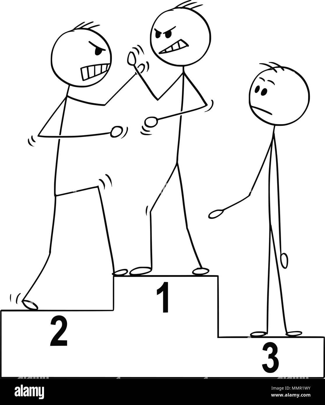 Cartoon of Three Man on Sport Winners Podium, Two of Them Are Fighting or Arguing Stock Vector