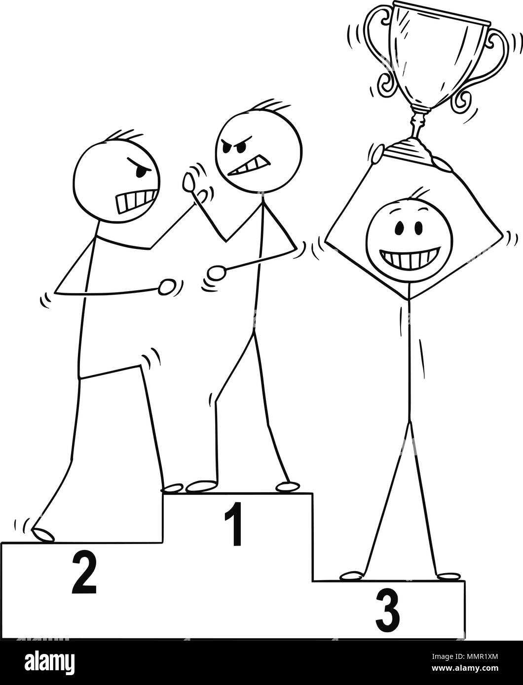 Cartoon of Three Man on Sport Winners Podium, Two of Them Are Fighting or Arguing, Third One is Celebrating With Trophy Cup Stock Vector