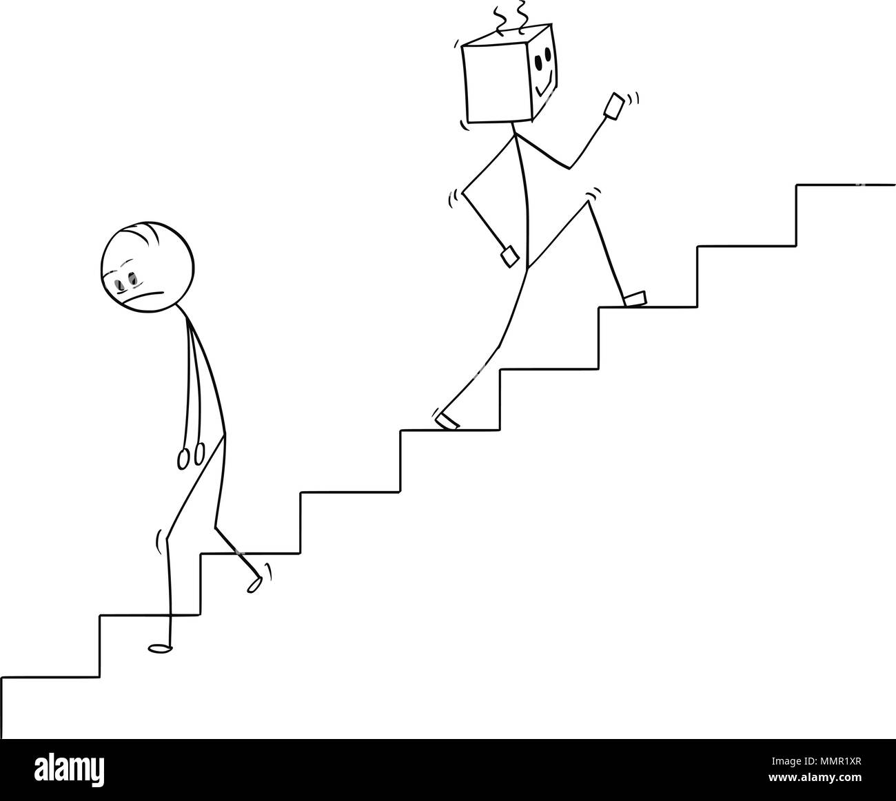 Cartoon of Human Going Down the Stairs and Robot Moving Up Stock Vector
