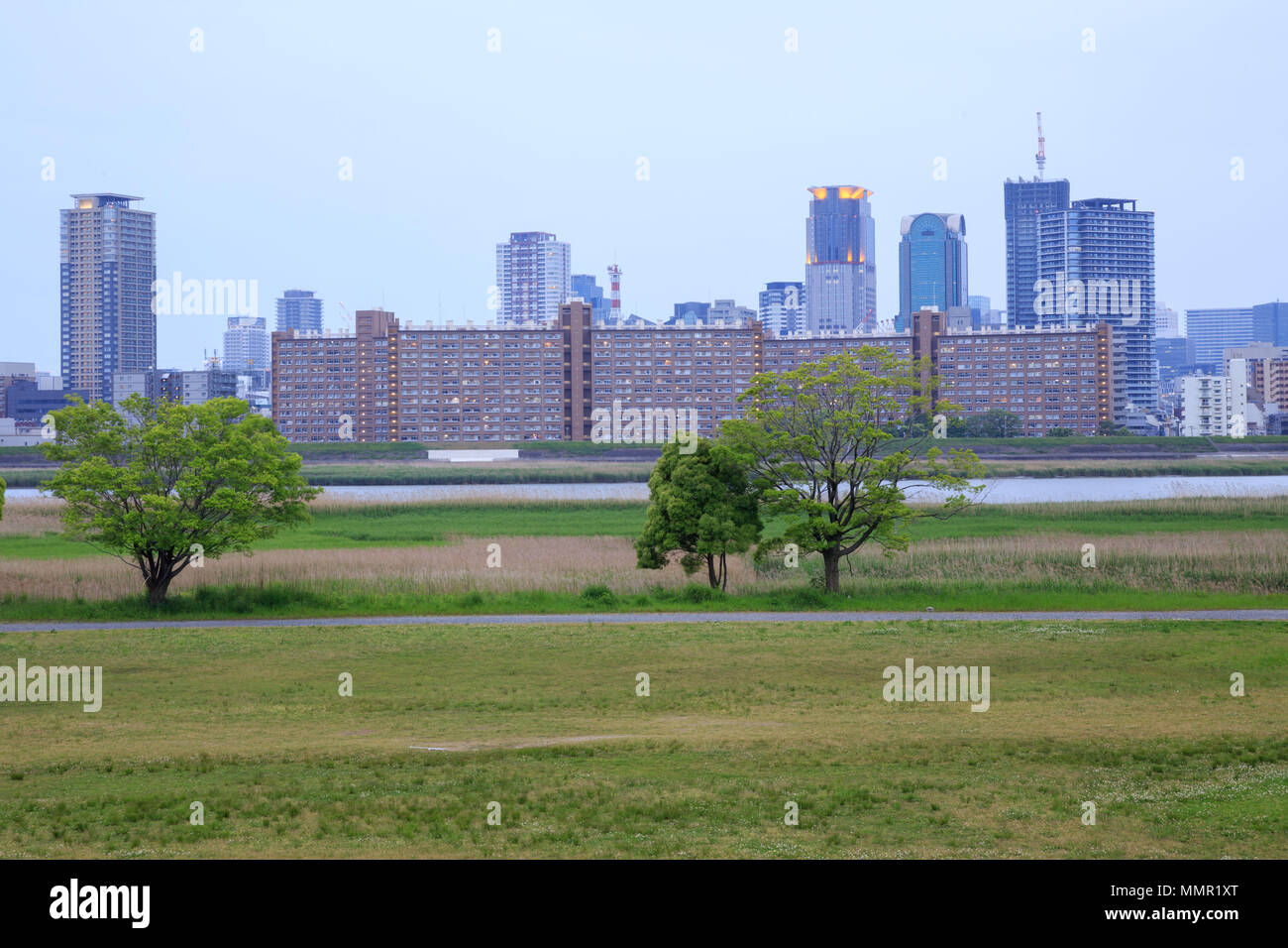 Image showcasing High rise apartment buildings in the city center from a green riverside ...