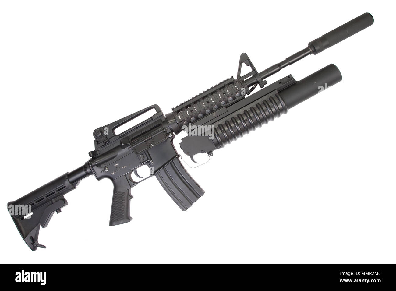 M4A1 carbine with silencer equipped with an M203 grenade