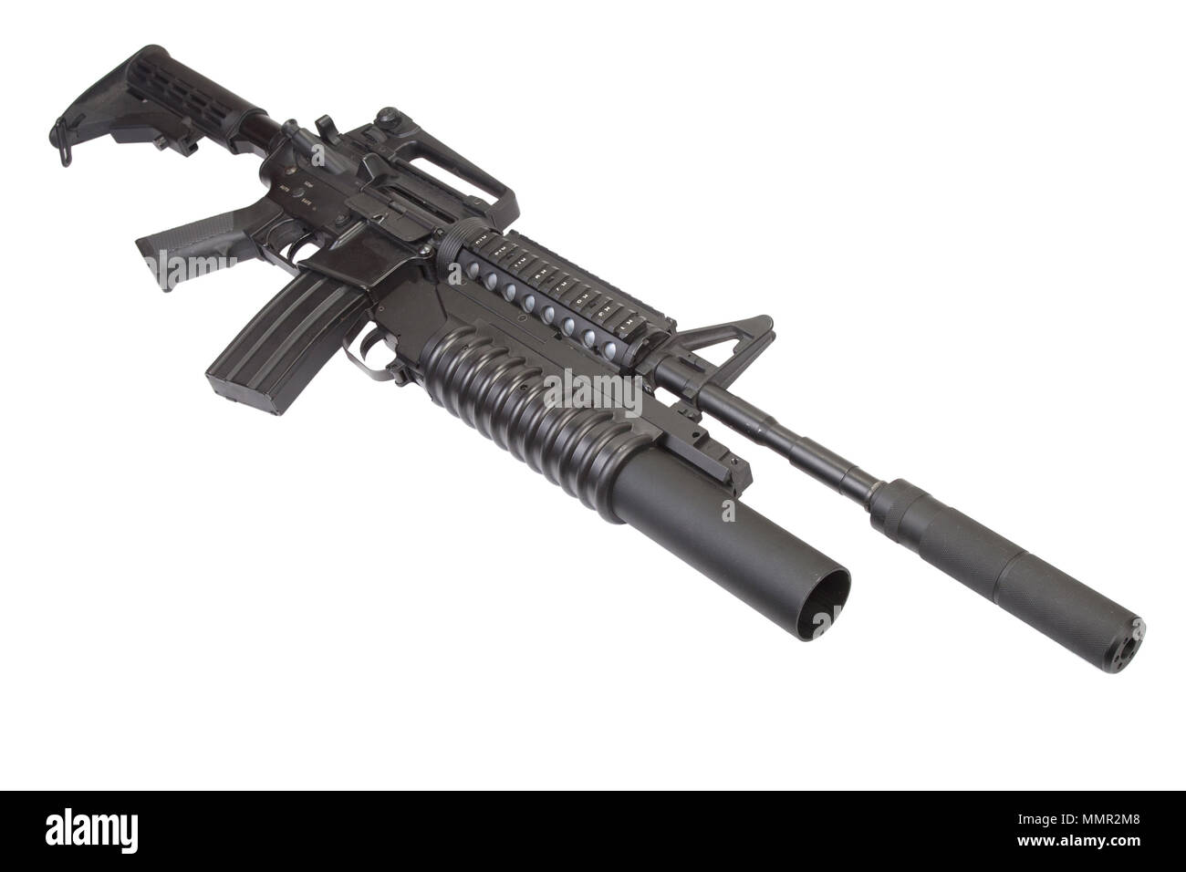 M4 carbine with silencer equipped with an M203 grenade