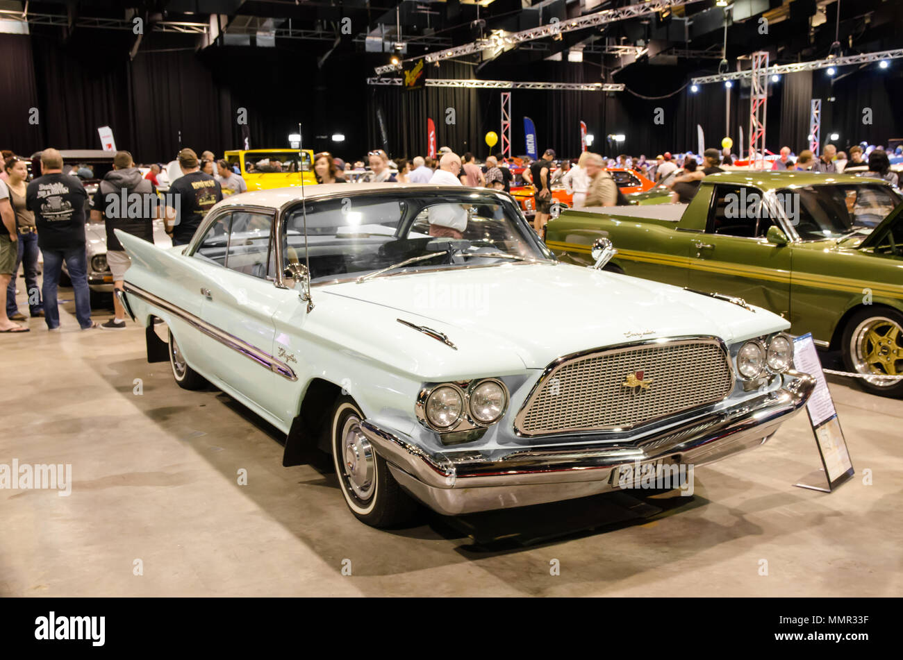 1960 Chrysler Windsor 2 door pillarless coupe automobile. On display in Tamworth Australia. Stock Photo