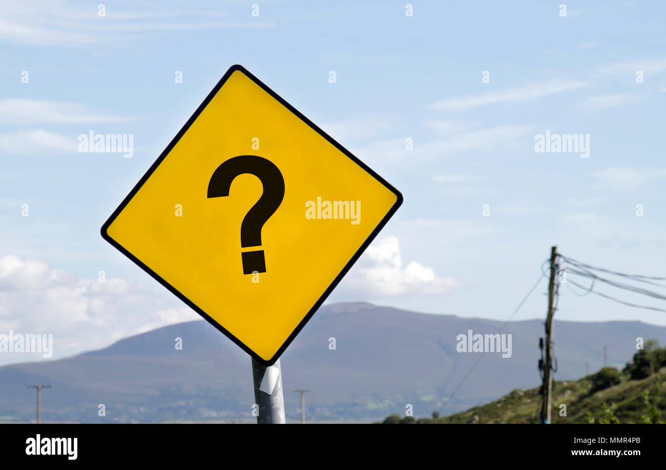 Yellow road sign with question mark Stock Photo Alamy