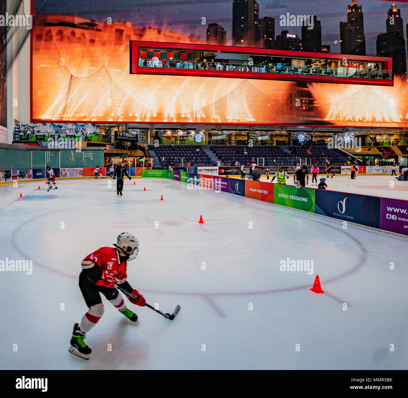 DUBAI, UAE, MAR 19, 2018 Ice hockey team practices at indoor skating