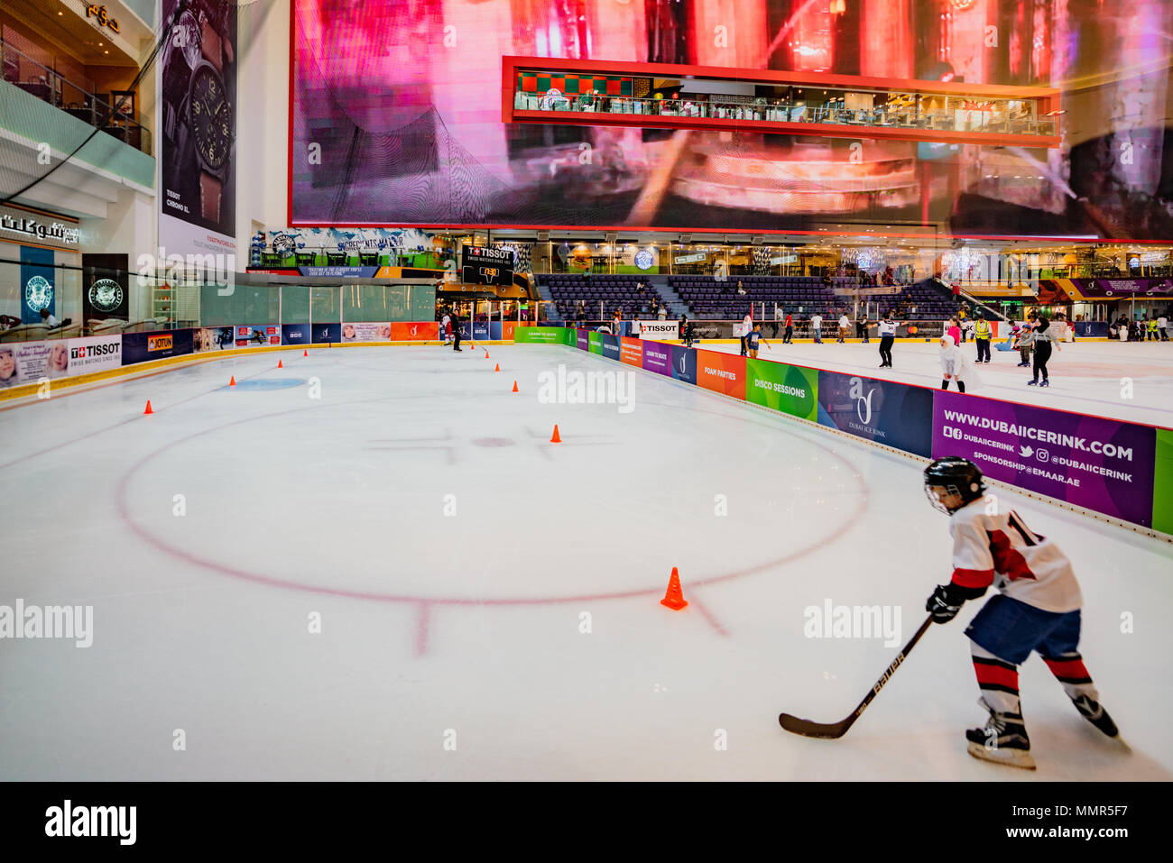 DUBAI, UAE, MAR 19, 2018 Ice hockey team practices at indoor skating