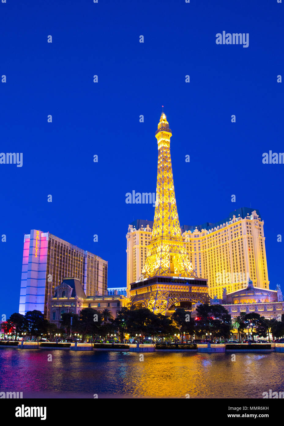 LAS VEGAS, NEVADA - MAY 17, 2017: Beautiful night scene of Paris Las Vegas Resort across water with other hotels and casinos in view. Stock Photo