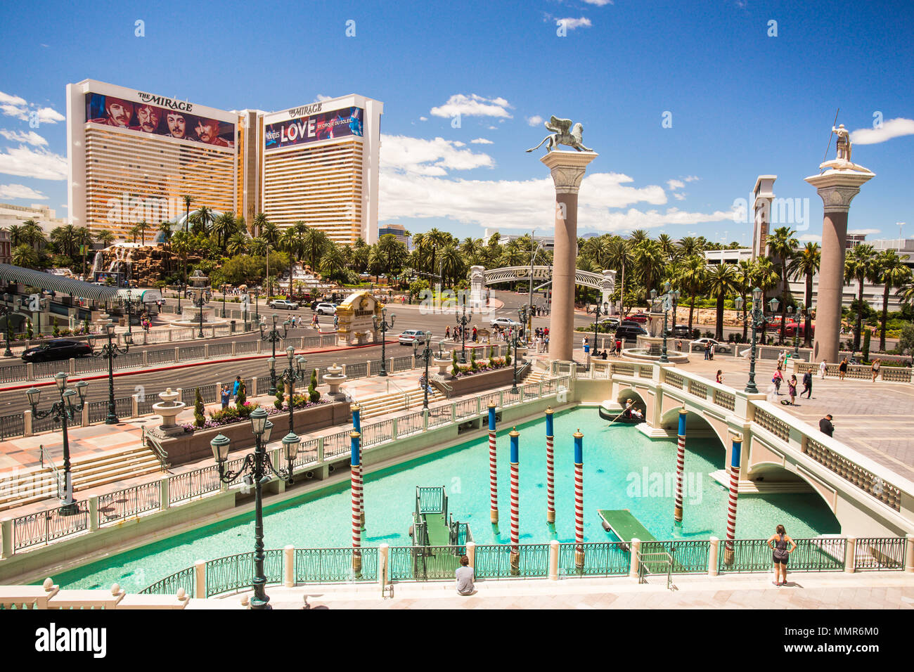 LAS VEGAS, NEVADA - MAY 18, 2017: View of The Venetian and Mirage Hotel Resort and Casino along the Vegas Strip on a sunny day. Stock Photo