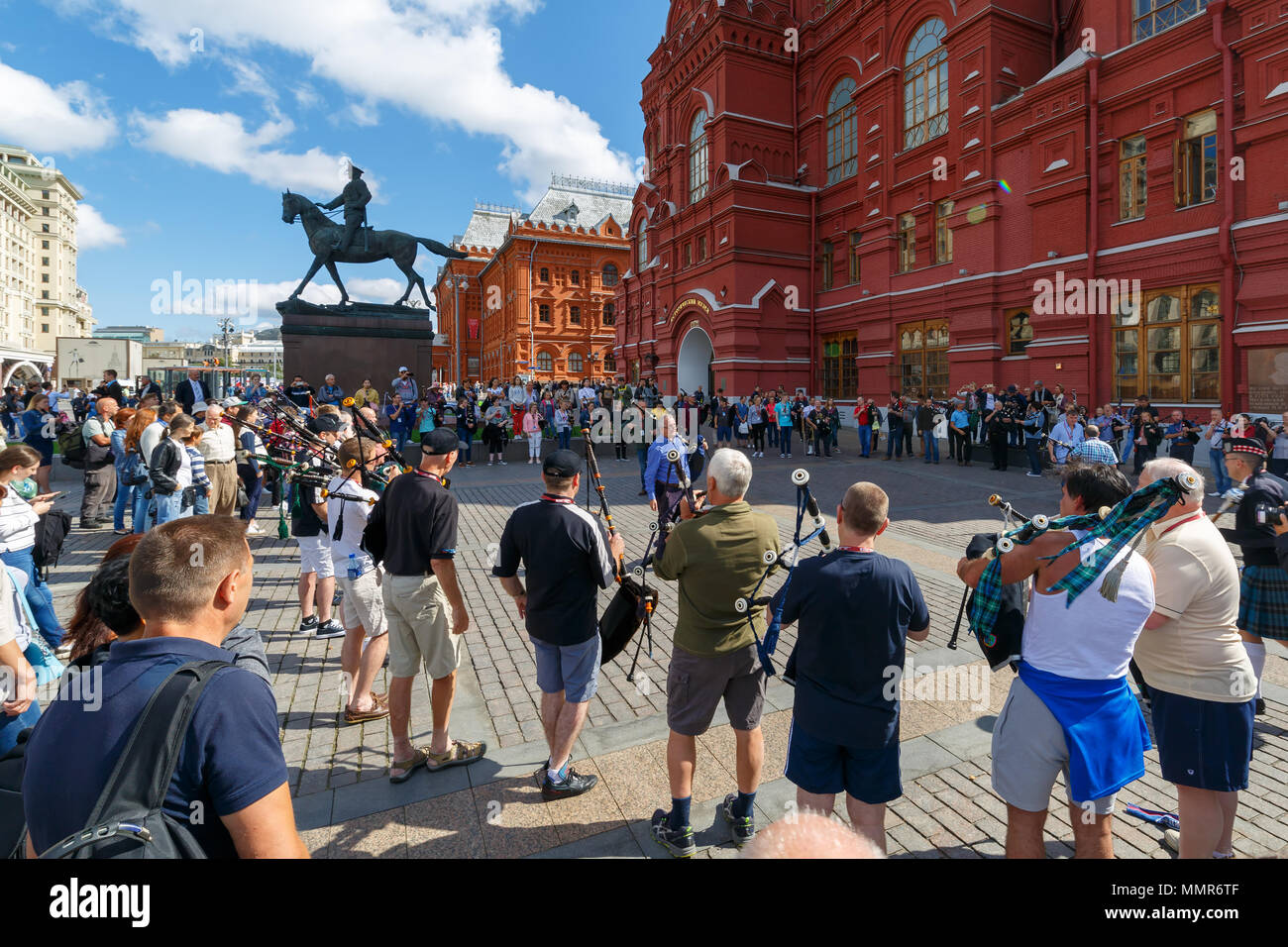 MOSCOW, RUSSIA, AUGUST 24, 2017 Rehearsal of the orchestra of bagpipes on the Manezhnaya Square