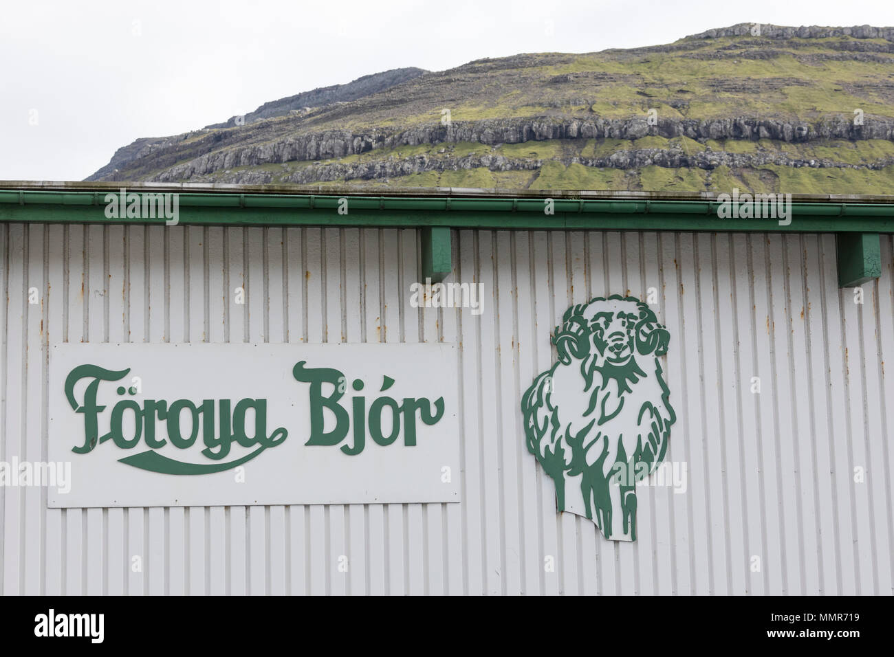 The figure of a ram, symbol and trademark of the family brewery Foroya Bjor, Klaksvik, Bordoy Island, Faroe Islands Stock Photo
