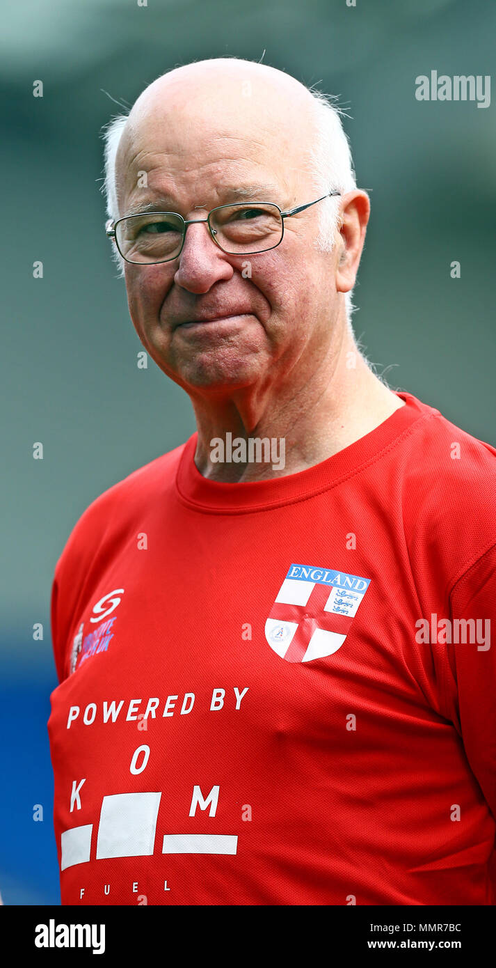 England's Tommy Charlton during the national anthems on his England debut  before the Walking Football International match at The AMEX Stadium,  Brighton Stock Photo - Alamy