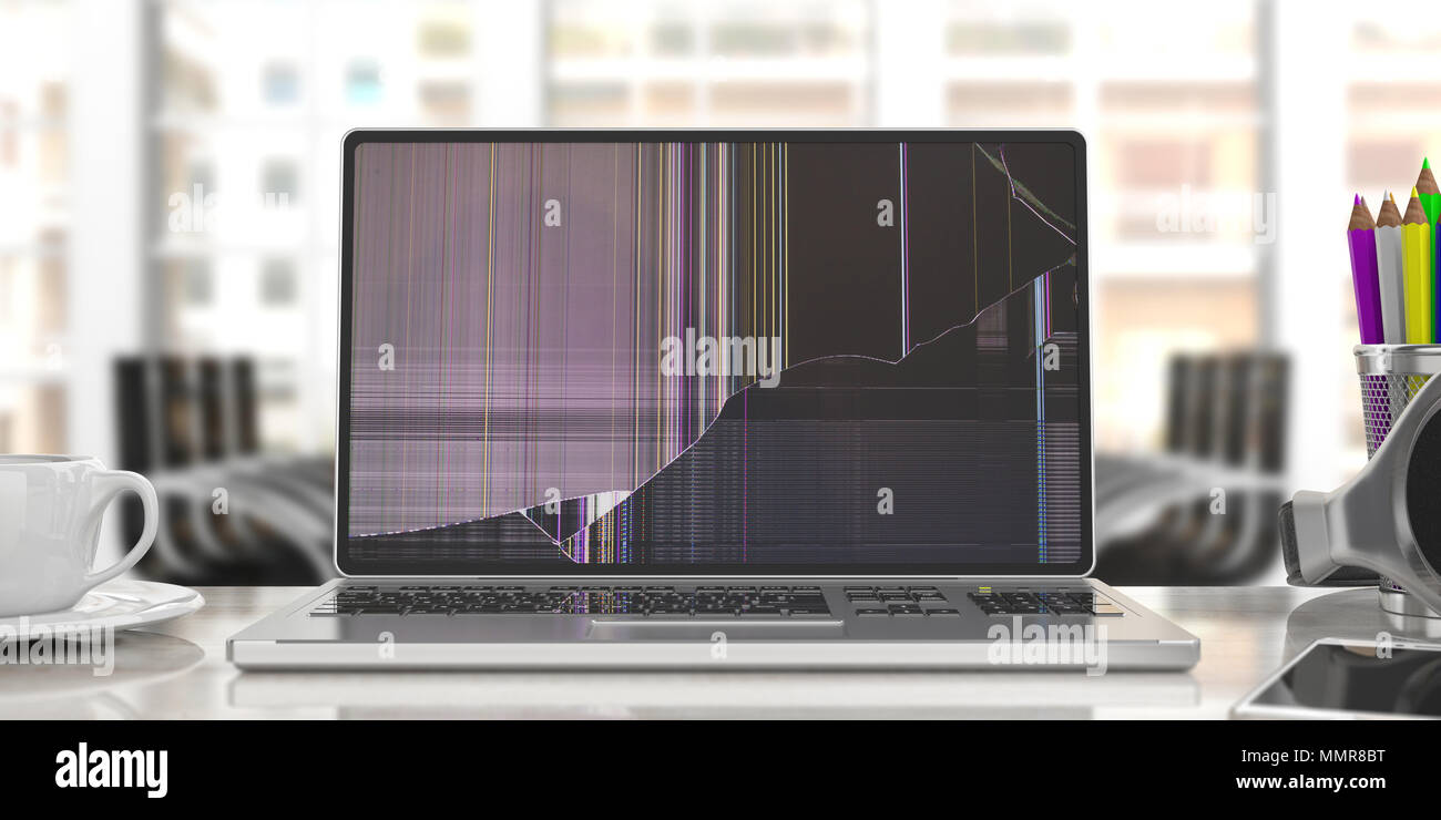 Computer laptop with broken screen on blur office business background. 3d illustration Stock Photo