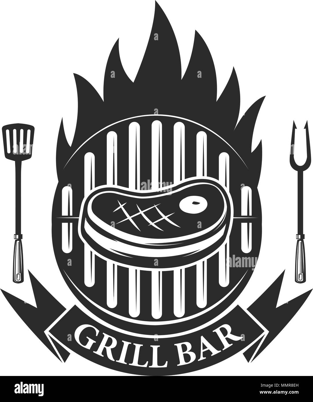 Grill bar. Cutted meat and crossed meat cleavers. Design element for