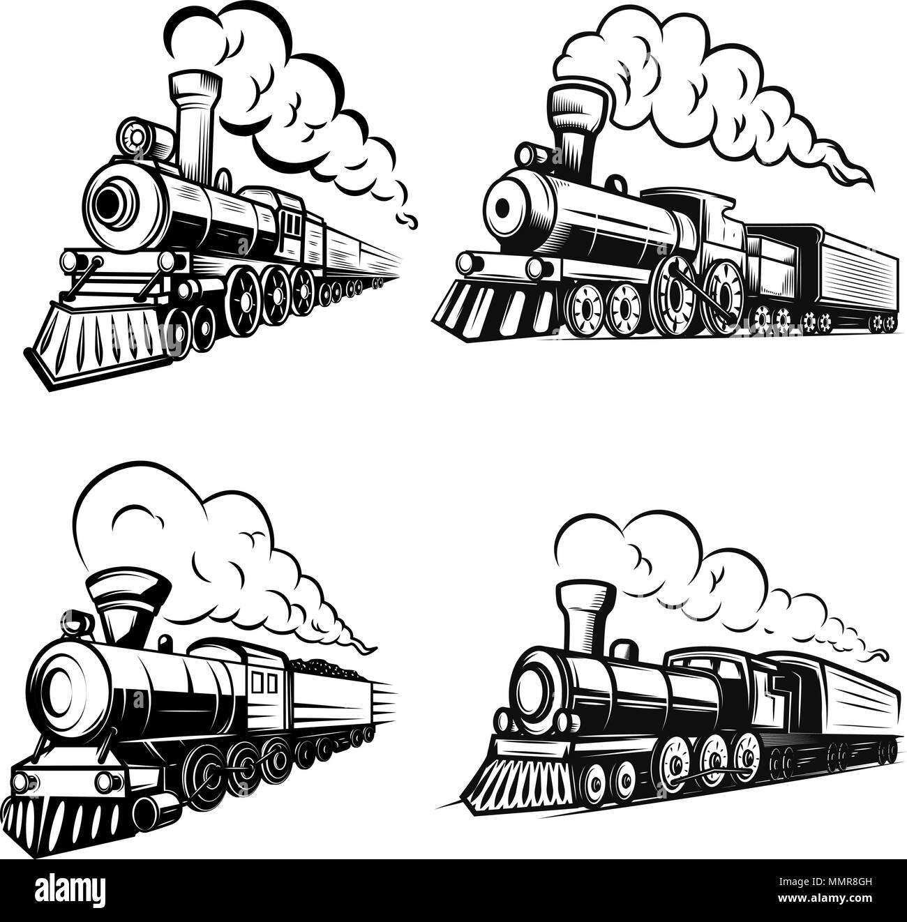 Set of retro locomotives on white background. Design elements for logo, label, emblem, sign. Vector image Stock Vector