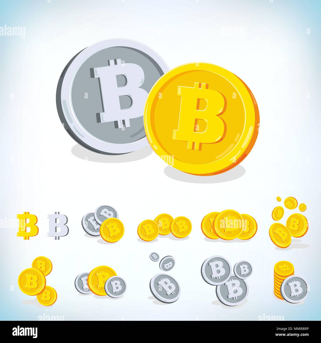 Bitcoin. 2D cartoon bit coin. Digital currency. Cryptocurrency. Golden coins with symbol isolated on white background. Vector illustration. Stock Vector